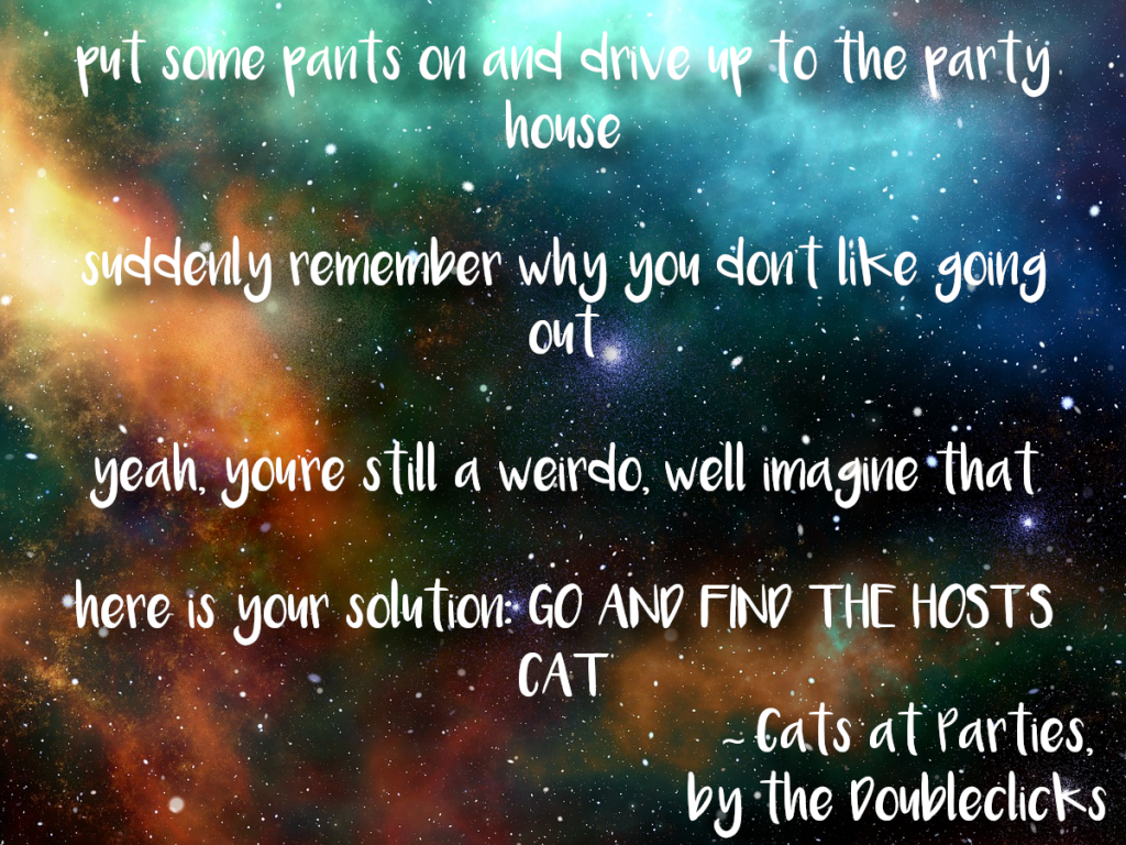 Lyrics from 'Cats At Parties' by the Doubleclicks: Put some pants on and drive up to the party house And suddenly remember that you don't like going out Yeah, you're still a weirdo; well, imagine that Here is your solution: go and find the host's cat