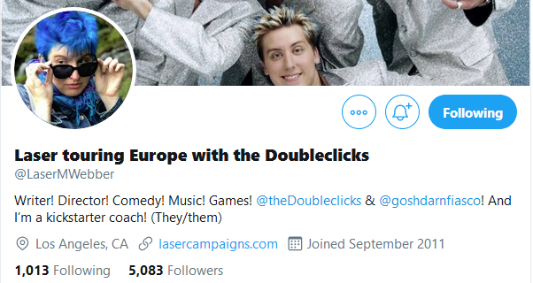 Laser's twitter username, which says Laser is touring Europe with the Doubleclicks