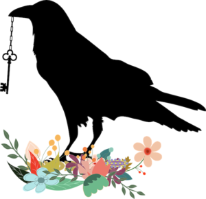 crow holding a key in its beak on a nest of flowers