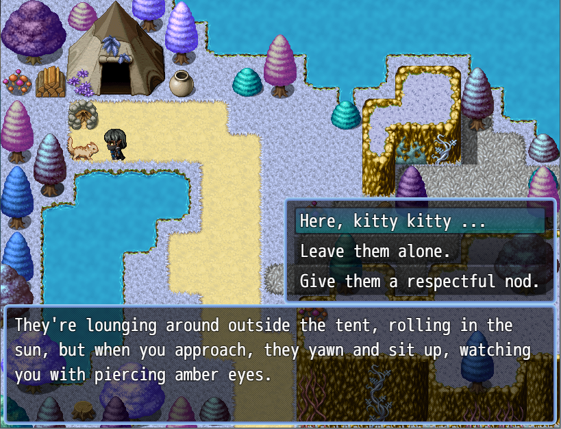 A screenshot from Salkere. You are talking to a cat outside a tent. The options are 'Here Kitty Kitty ...' 'Leave them alone' and 'Give them a respectful nod'.