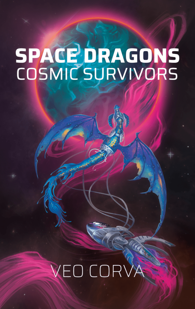 Space Dragons: Cosmic Survivors by Veo Corva. A scaley blue-and-gold dragon pulls a cone-shaped spaceship through space, following a river of pink light to a beautiful, turquoise ocean planet.