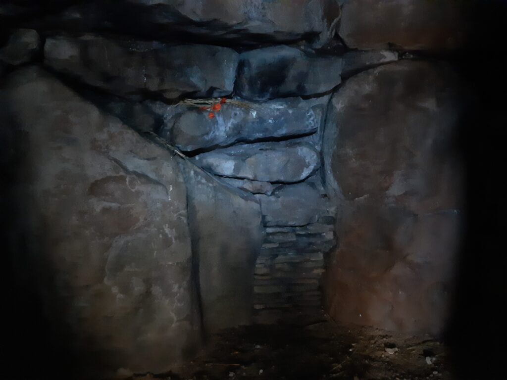 a torchlit shot of the inside of the tomb showing where someone left some red flowers