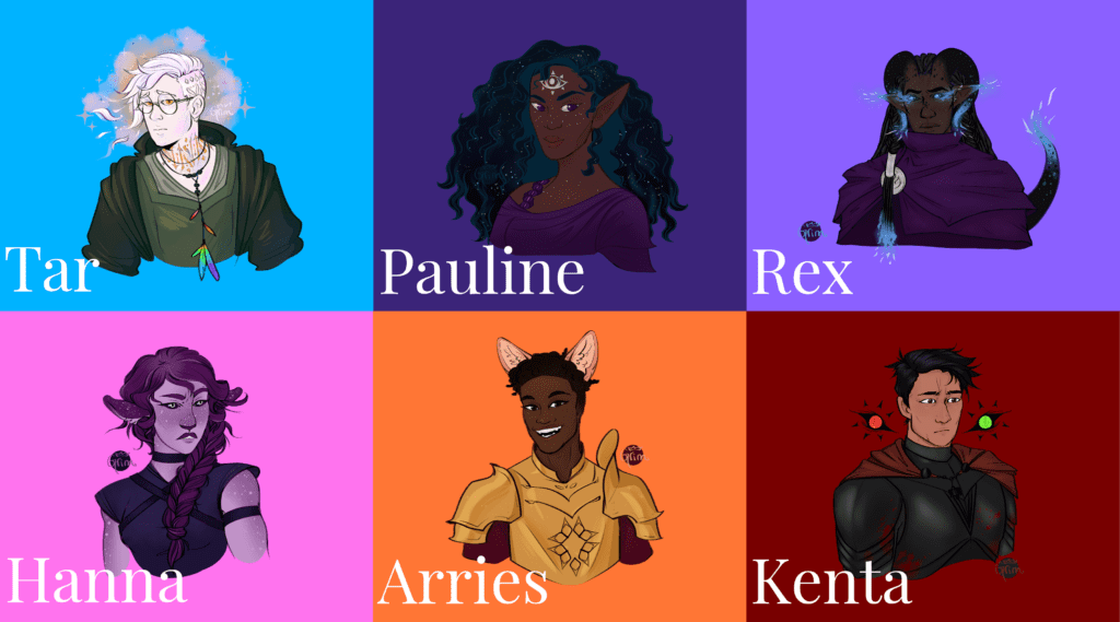 Tar: a fat non-binary astralkin with glowing white hair and skin. Pauline: a sparkling astralkin with dark brown skin and galaxy hair. Rex: a worried-looking voidkin with ghostly edges to his ears and tail, and dark brown skin. Hanna: a purple-skinned feykin with deer-like nose and ears and an annoyed expression. Arries: a golden-armoured feykin man with fox ears, dark brown skin, and a wide grin. Kenta: a man in blood-splattered black armour and a frightened expression being watched by two glowing eyes. Black hair and sepia skin.