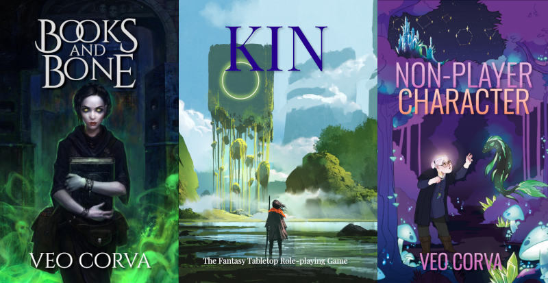 The covers of my first three published books: Books & Bone, Kin: The Fantasy Tabletop Role-playing Game, and Non-Player Character.