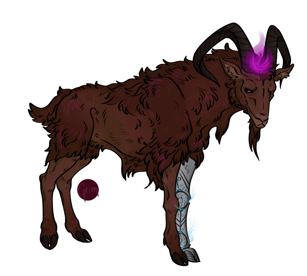 a brown goat with a glowing, runeworked prosthetic leg and magenta starfire (a ball of flame above their head).