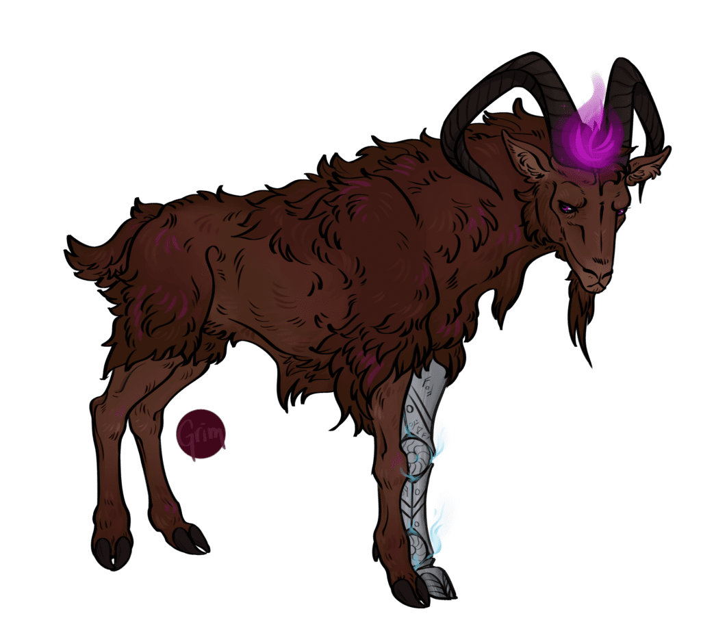 a brown goat with a glowing, runeworked prosthetic leg and magenta starfire (a ball of flame above their head).