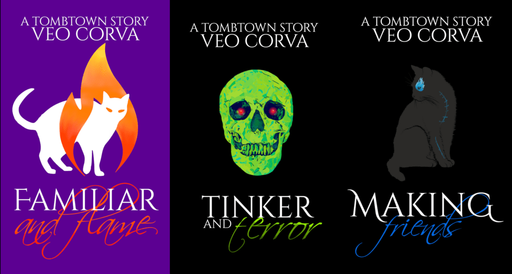 covers of my three published short stories: Familiar and Flame (a cat walking through fire), Tinker and Terror (a skull with glowing red eyes), and Making Friends (an undead cat).