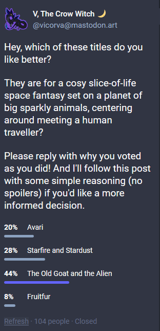 Fediverse poll: Hey, which of these titles do you like better? They are for a cosy slice-of-life space fantasy set on a planet of big sparkly animals, centering around meeting a human traveller? Please reply with why you voted as you did! And I'll follow this post with some simple reasoning (no spoilers) if you'd like a more informed decision. Avari: 20& Starfire & Stardust: 28% The Old Goat and the Alien: 44% Fruitfur: 8% 104 people voted.