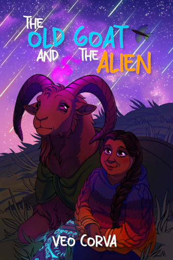 The Old Goat and the Alien by Veo Corva. A large brown goat wearing a cloak with a glowing prosthetic leg and a ball of pink fire above their head sits on a grassy hill beside a human woman with brown skin and dark hair in a long plait. She is wearing a hand-knit hoodie in sunset colours. Both are gazing up at a purple night sky full of falling stars and look very comfortable.
