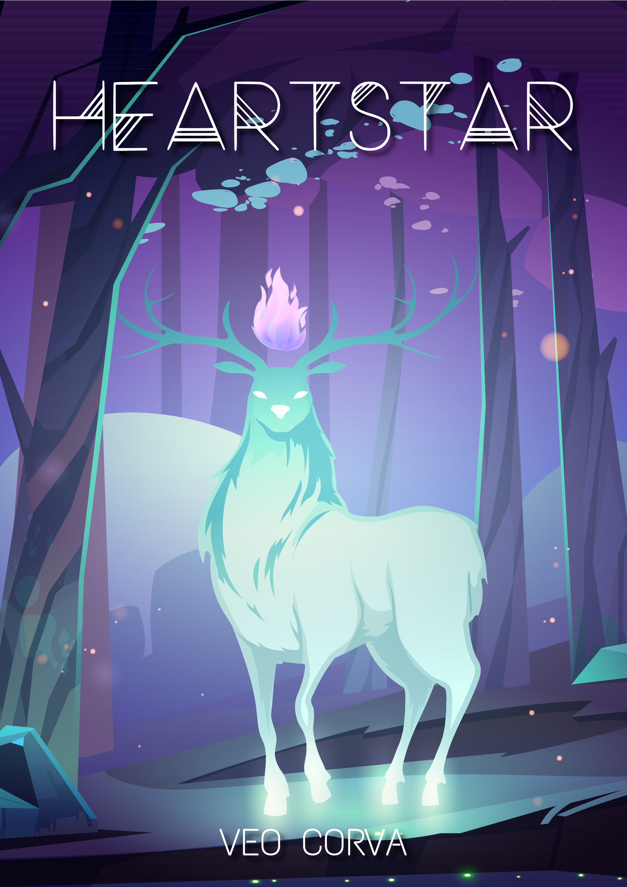 Heartstar by Veo Corva. A glowing stag with a ball of purple flame above its antlers stands in a magical, alien forest.