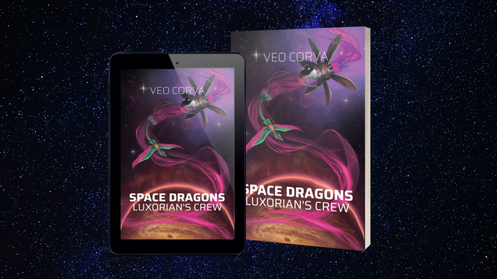 Mockup images of Space Dragons: Luxorian's Crew by Veo Corva as an ebook and a paperback. The cover is a green feathered dragon spiralling down toward a sandy planet, pulling a spaceship with petal-like wings via long tethers. The dragon is following a stream of glowing pink light that wraps around the planet. Behind the mockups is a background of stars.