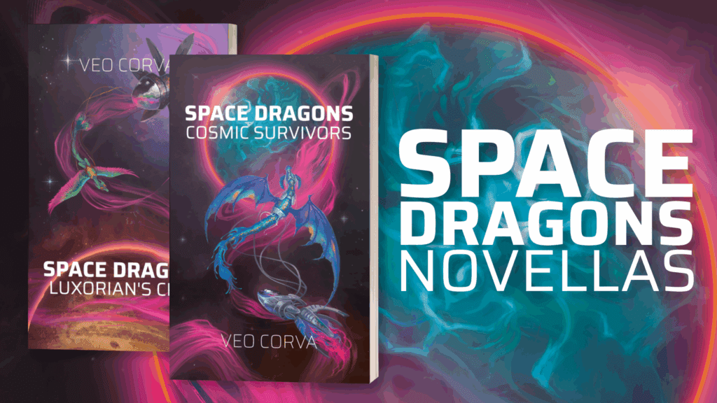 Two paperbacks are in front of a vast watery planet and the caption 'Space Dragons Novellas'. The first is Space Dragons: Luxorian's Crew, which features a feathered green dragon pulling a petal-winged ship through space down toward a sandy planet. The second is Space Dragons: Cosmic Survivors, where a blue and gold, scaley dragon pulled a cone-shaped ship up toward a beautiful ocean planet.