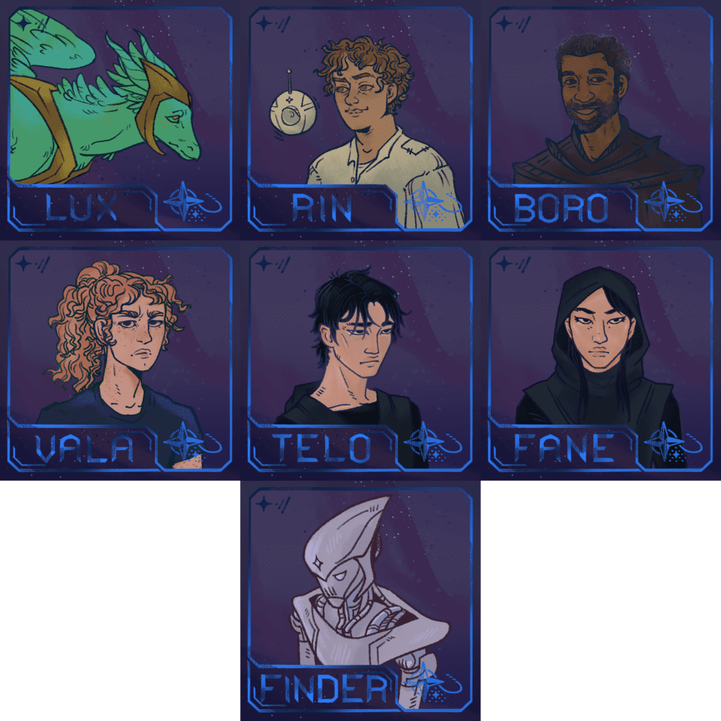 The cast of Space Dragons, all in a simple colour busts with compass and sci-fi like interface. Lux, a green feathered dragon wearing a helmet and harness. Rin, a person with curly hair and a round bot that acts as their guide. Boro, a man with a wide grin and futuristic knitted jumper. Vala, a woman with red hair glaring at the viewer. Telo, a worried young man wearing a black hoodie. Fane, a young woman wearing a similar hoodie with the hood up. Finder, a bot with a sharp design and a slightly worried expression.