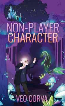 Non-Player Character by Veo Corva. A glowing night-time forest with poly dice constellations in the sky. A glowing person nervously reaches out to a floating seal creature.